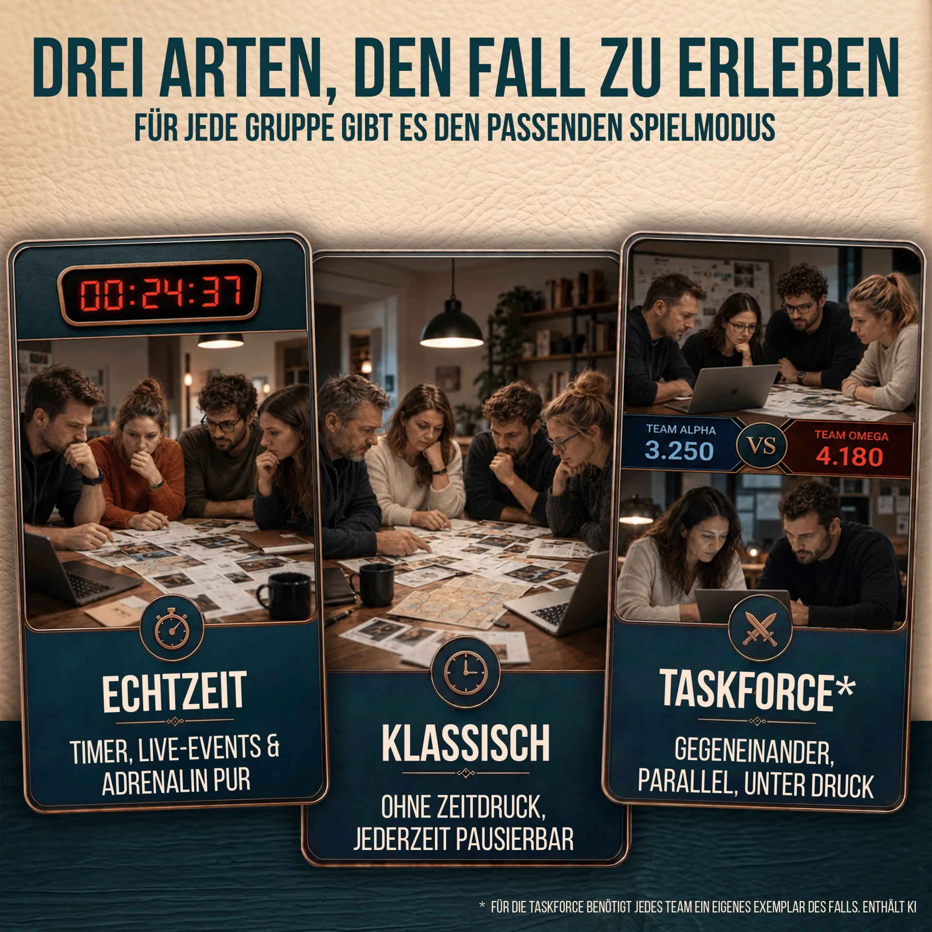 Drei Spielmodi: Klassisch ohne Zeitdruck und mit Pausen, Echtzeit mit Timer und Live-Events, Taskforce als Wettstreit zwischen Teams.