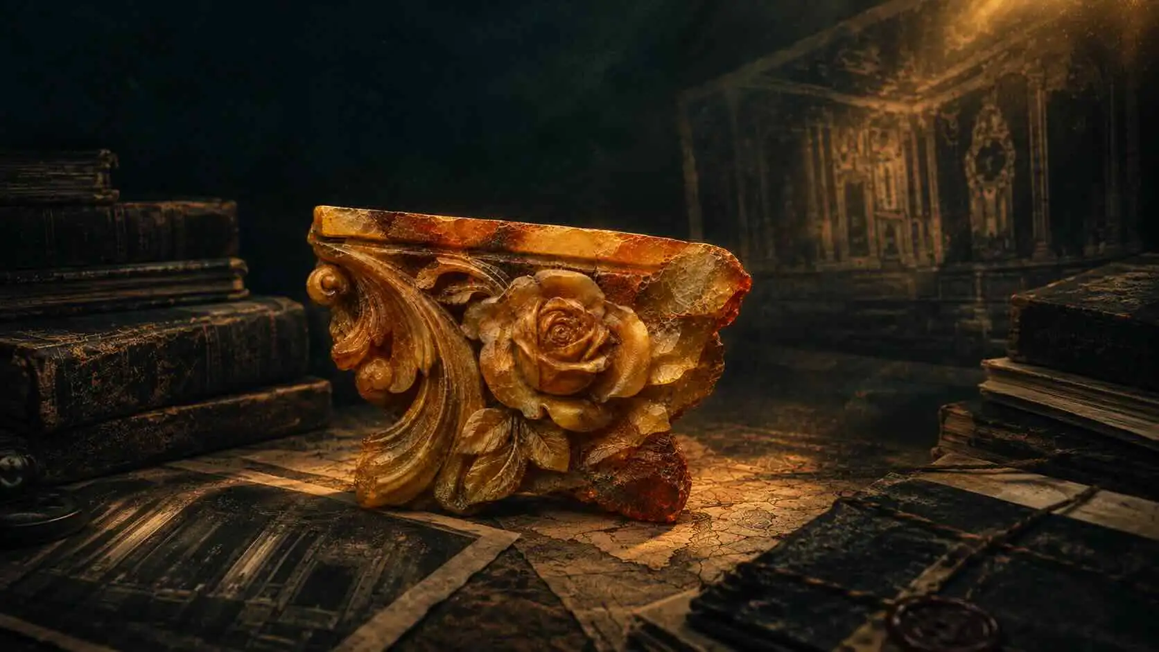 Ein goldenes Fragment mit Rosenornament zwischen alten Büchern und Unterlagen.