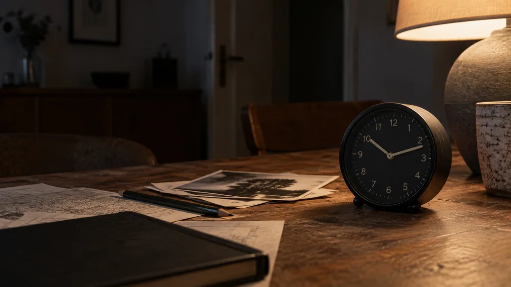 Analoge Tischuhr neben Fallunterlagen im warmen Arbeitslicht