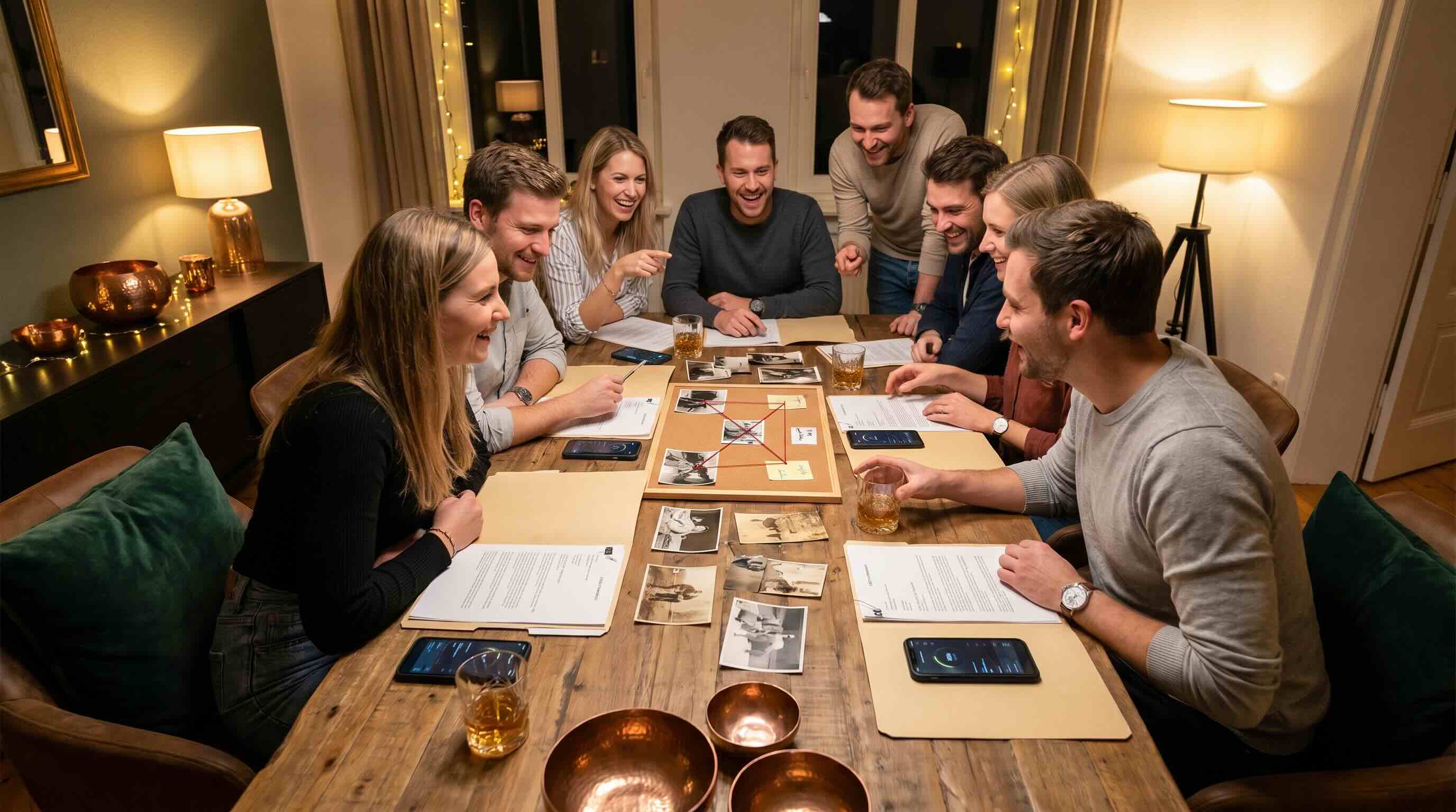 Freundesgruppe ermittelt beim Krimispiel zum Junggesellenabschied an einem Tisch mit Fallakte und Beweisen