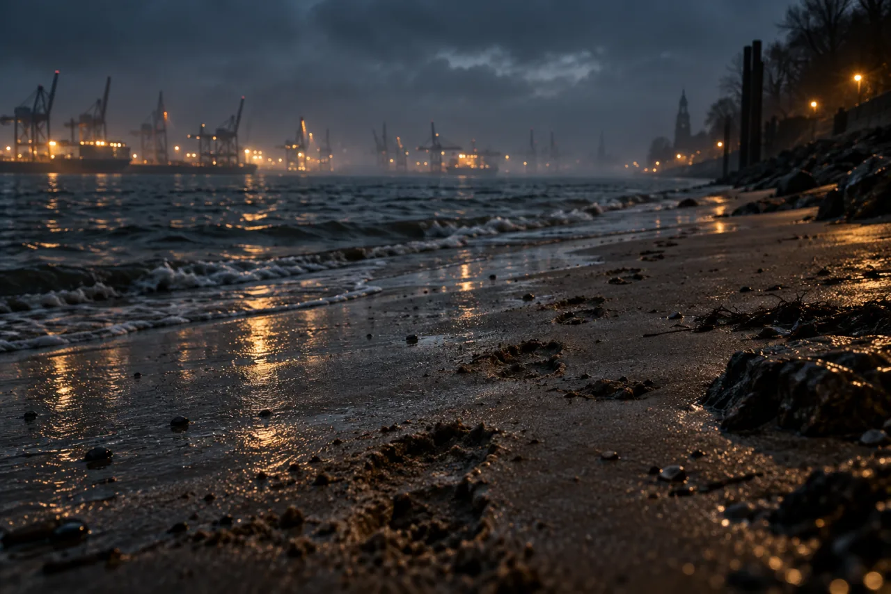 Menschenleeres Hamburger Elbufer bei Nacht mit einer Spur im nassen Sand