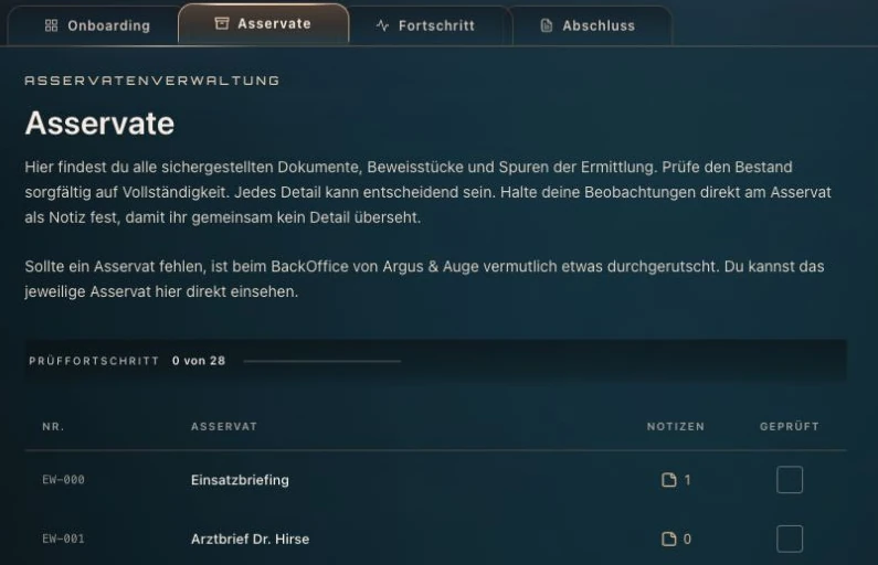 Asservatenübersicht im SUSPECTO MissionHub mit einer gespeicherten Notiz am Einsatzbriefing