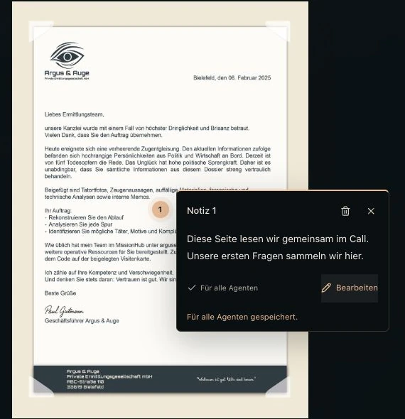 Gespeicherte Beispielnotiz direkt auf dem Einsatzbriefing mit dem Hinweis Für alle Agenten