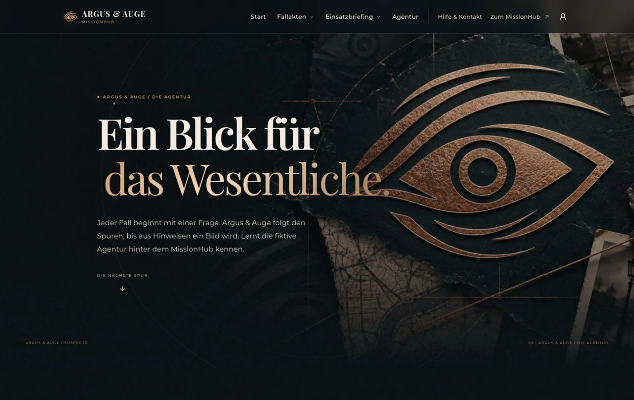 Webseite von Argus & Auge mit Agenturlogo und dem Leitsatz Ein Blick für das Wesentliche