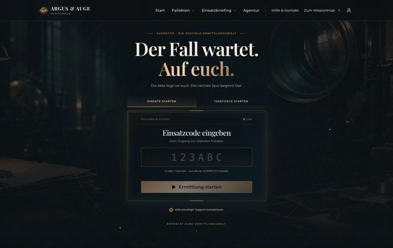 Argus-&-Auge-Startseite mit der Überschrift Der Fall wartet auf euch und dem Zugang zum Einsatz