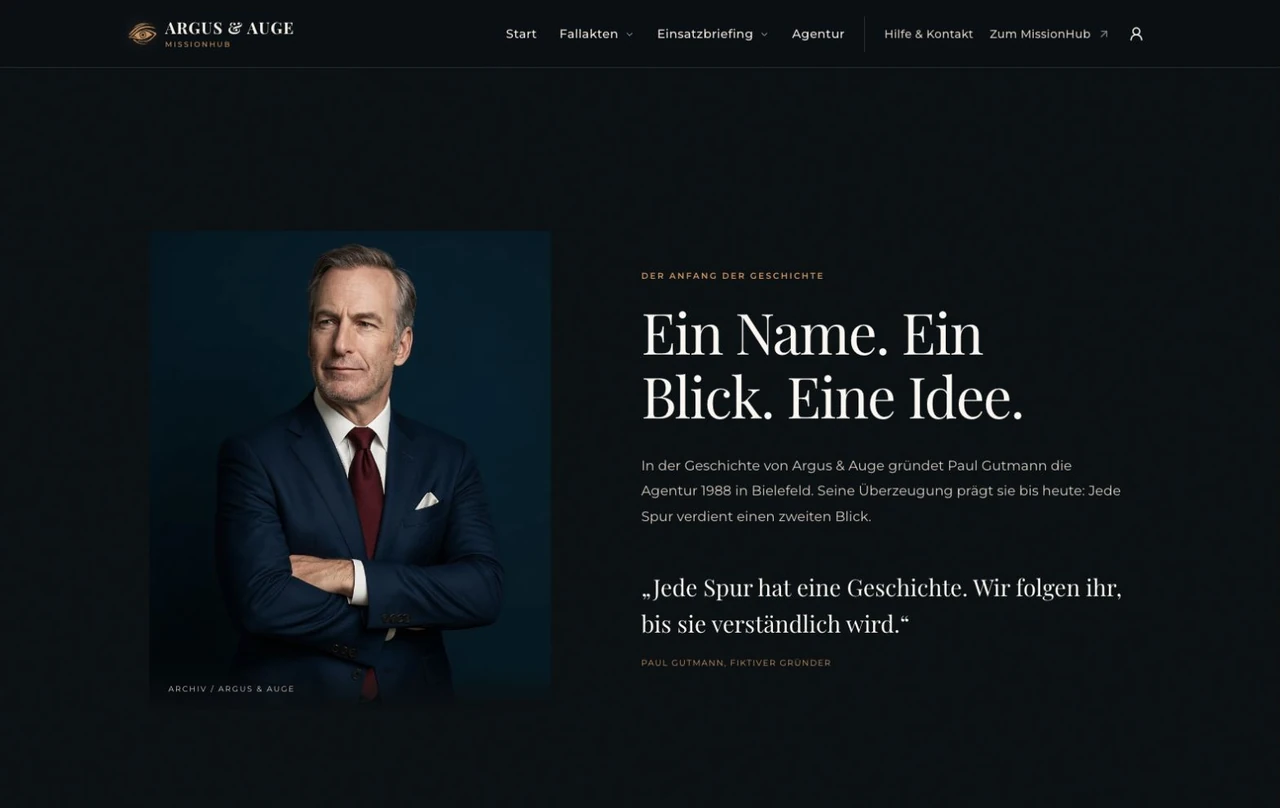 Agenturseite mit Porträt und Vorstellung des fiktiven Gründers Paul Gutmann