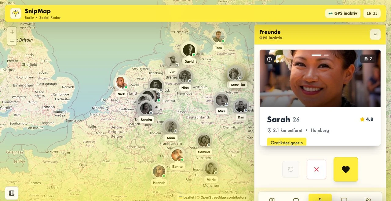 SnipMap mit Freundesprofilen und der Karte im Social Radar